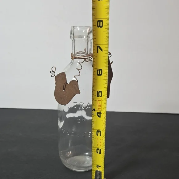 Vintage Medicine Clear Glass Bottle with Brown Metal Tin Tag Charms Bud Vase - Picture 6 of 9